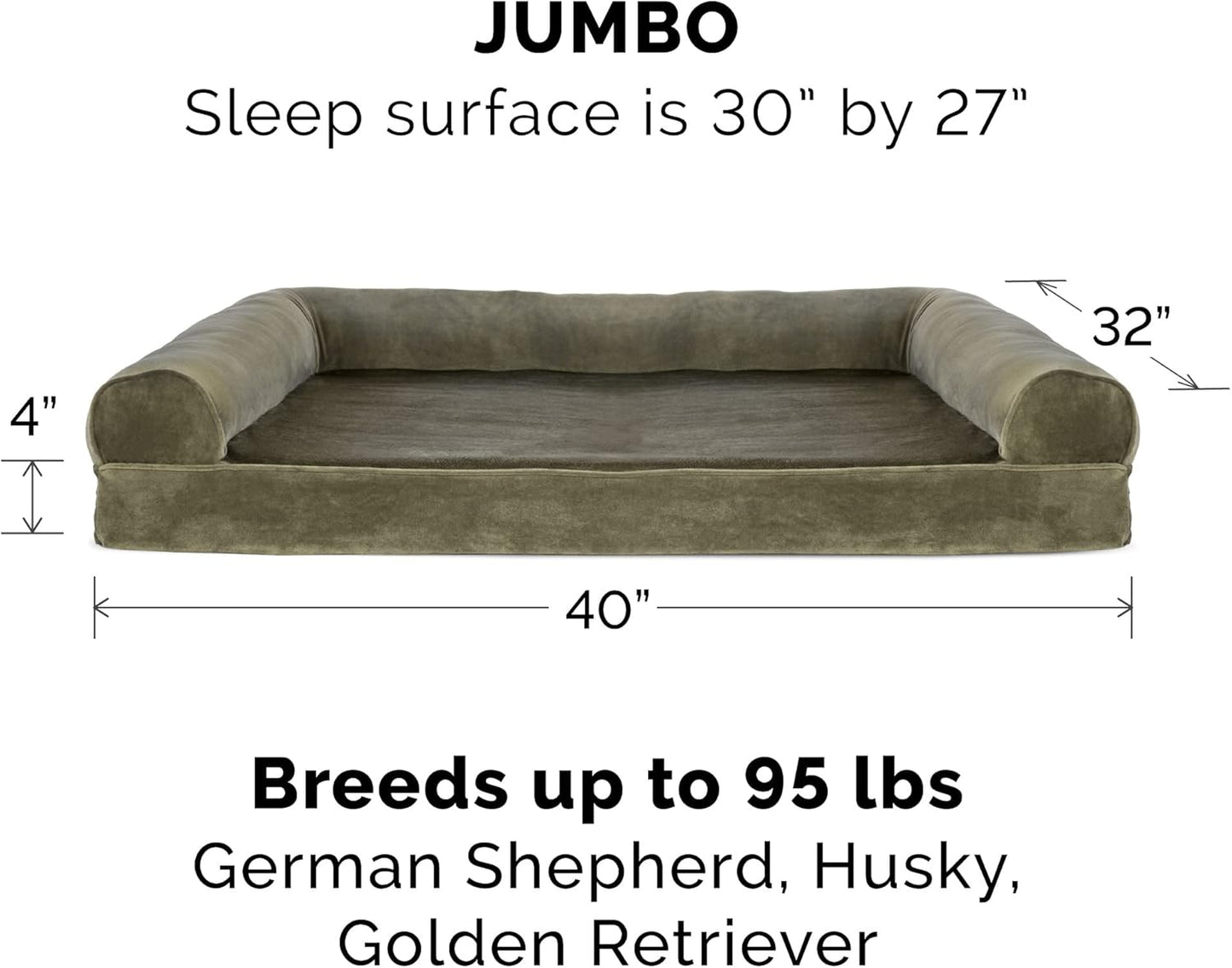 Replacement Dog Bed Cover Faux Fur & Velvet Sofa-Style, Machine Washable - Dark Sage, Jumbo (X-Large)
