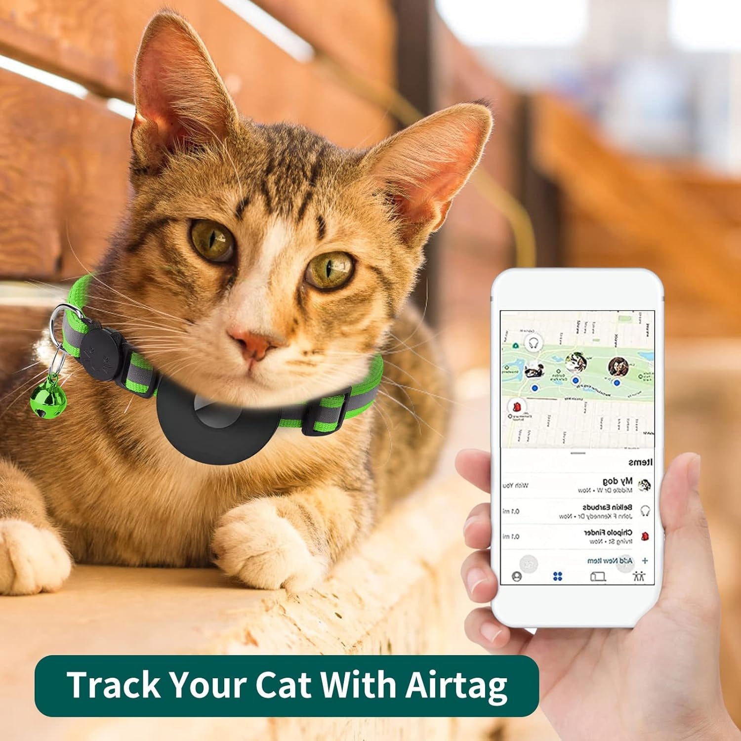 Breakaway Airtag Cat Collar, Reflective Apple Air Tag Cat Collar with Bell and Waterproof Airtag Holder Case, GPS Pet Tracker Collar for Girl Boy Cats, Kittens, Puppies (Green)