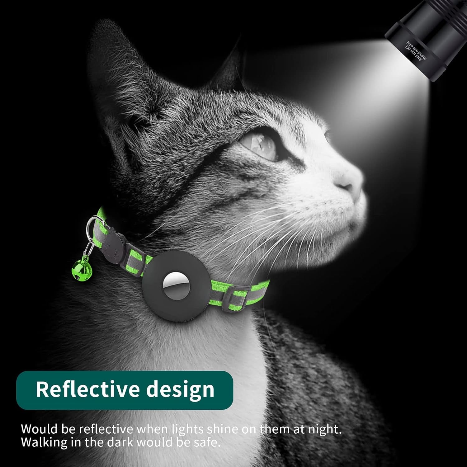 Breakaway Airtag Cat Collar, Reflective Apple Air Tag Cat Collar with Bell and Waterproof Airtag Holder Case, GPS Pet Tracker Collar for Girl Boy Cats, Kittens, Puppies (Green)