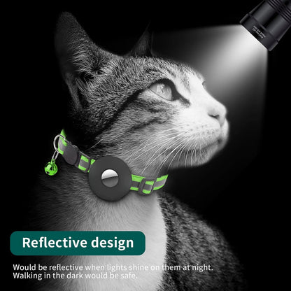 Breakaway Airtag Cat Collar, Reflective Apple Air Tag Cat Collar with Bell and Waterproof Airtag Holder Case, GPS Pet Tracker Collar for Girl Boy Cats, Kittens, Puppies (Green)