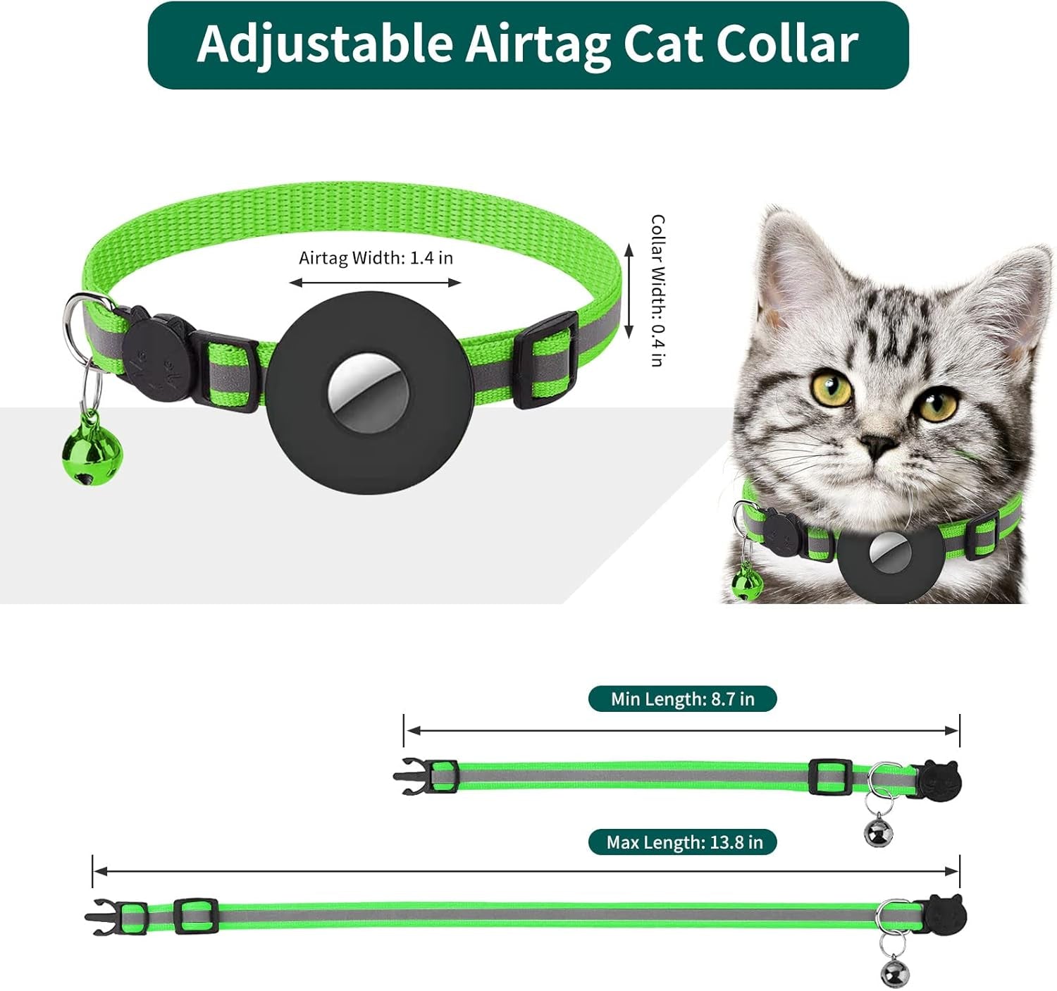Breakaway Airtag Cat Collar, Reflective Apple Air Tag Cat Collar with Bell and Waterproof Airtag Holder Case, GPS Pet Tracker Collar for Girl Boy Cats, Kittens, Puppies (Green)