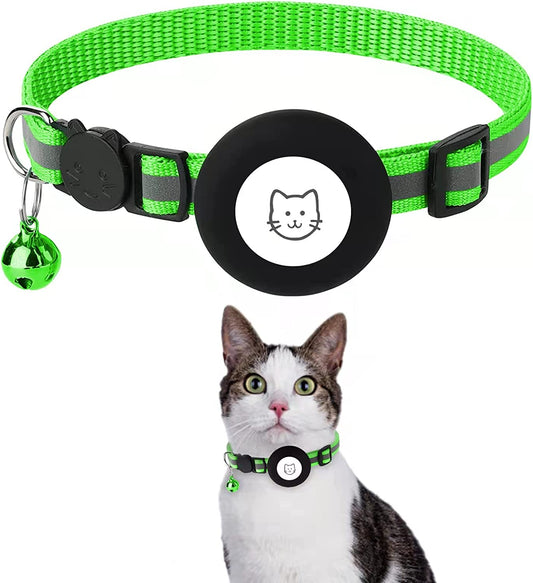 Breakaway Airtag Cat Collar, Reflective Apple Air Tag Cat Collar with Bell and Waterproof Airtag Holder Case, GPS Pet Tracker Collar for Girl Boy Cats, Kittens, Puppies (Green)